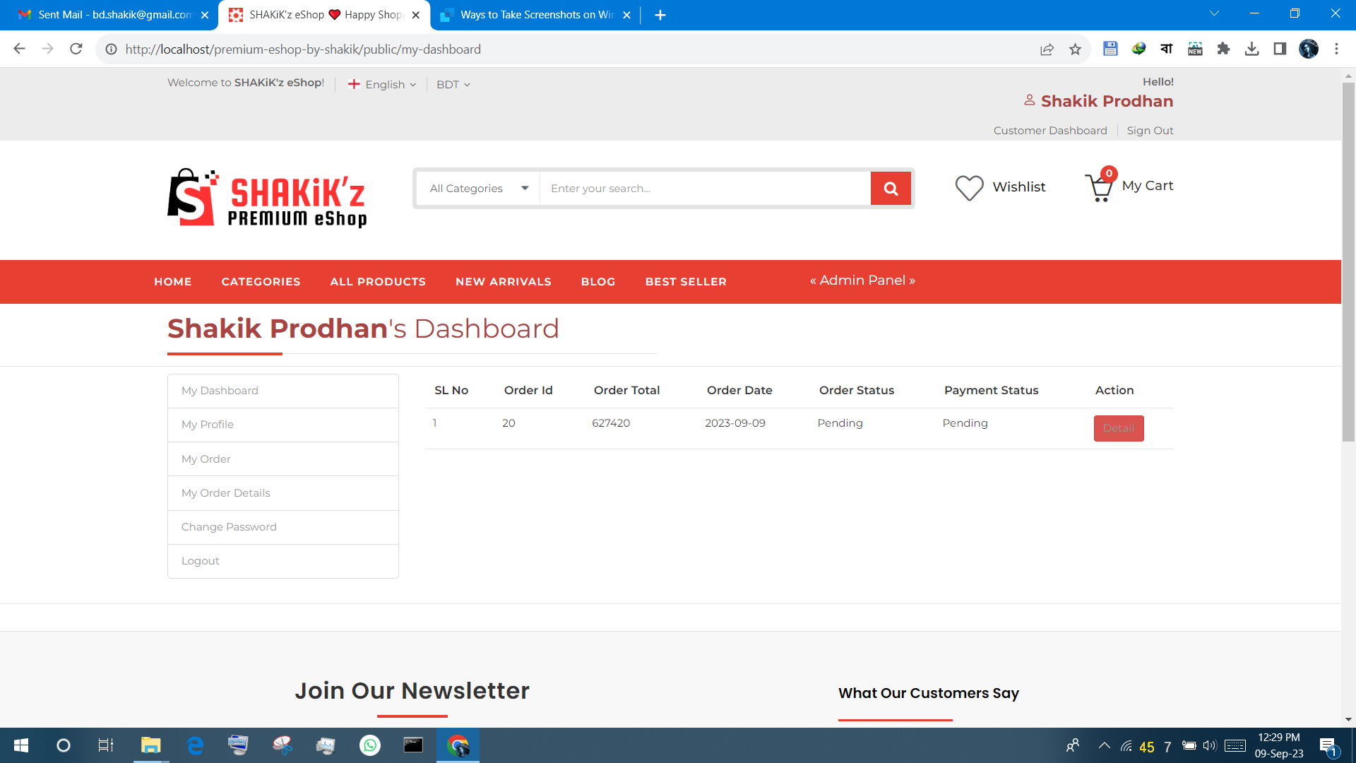SHAKiK'z eShop - Screenshot - Customer Page - Dashboard