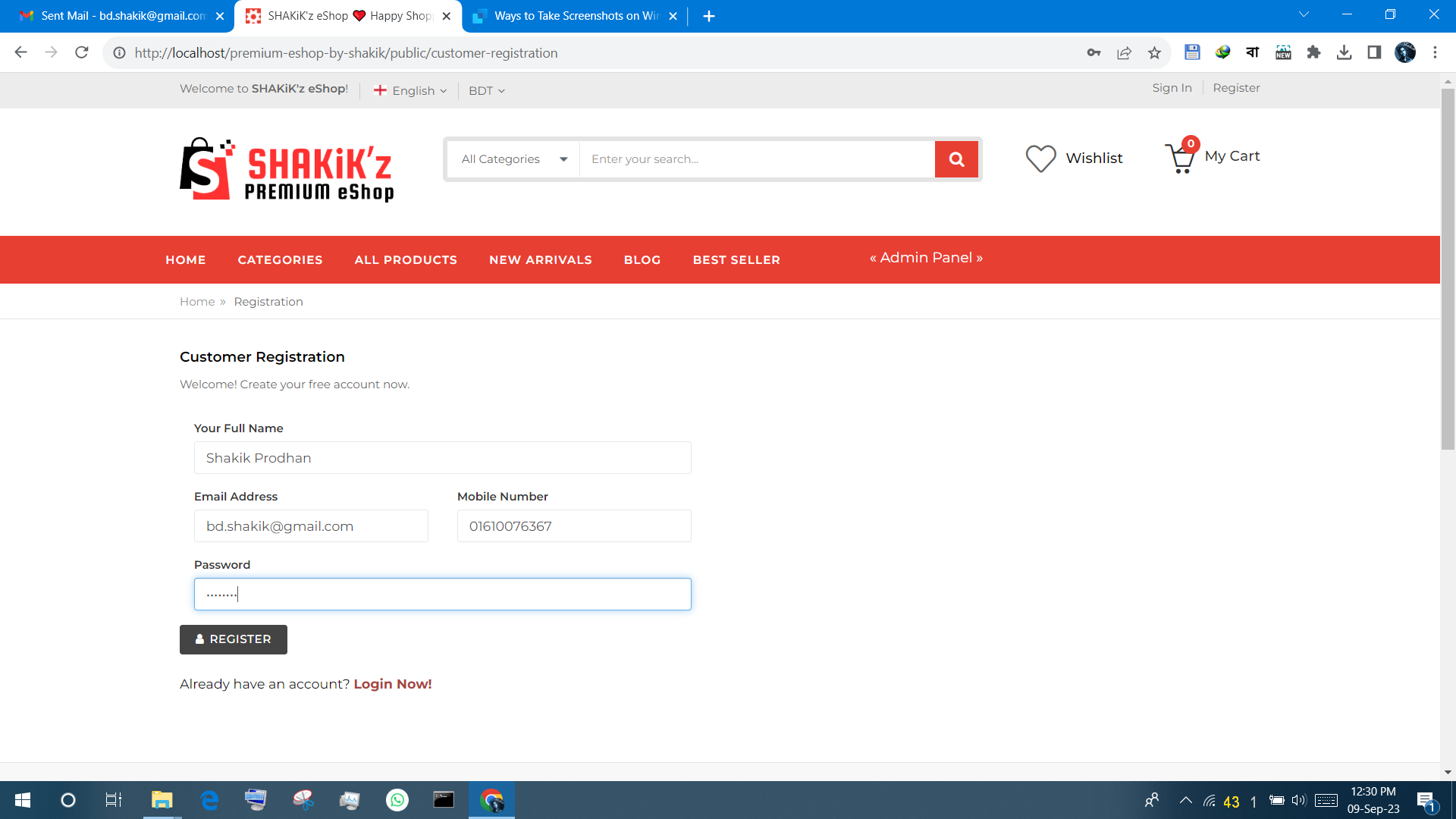 SHAKiK'z eShop - Screenshot - Customer Page - Register Form