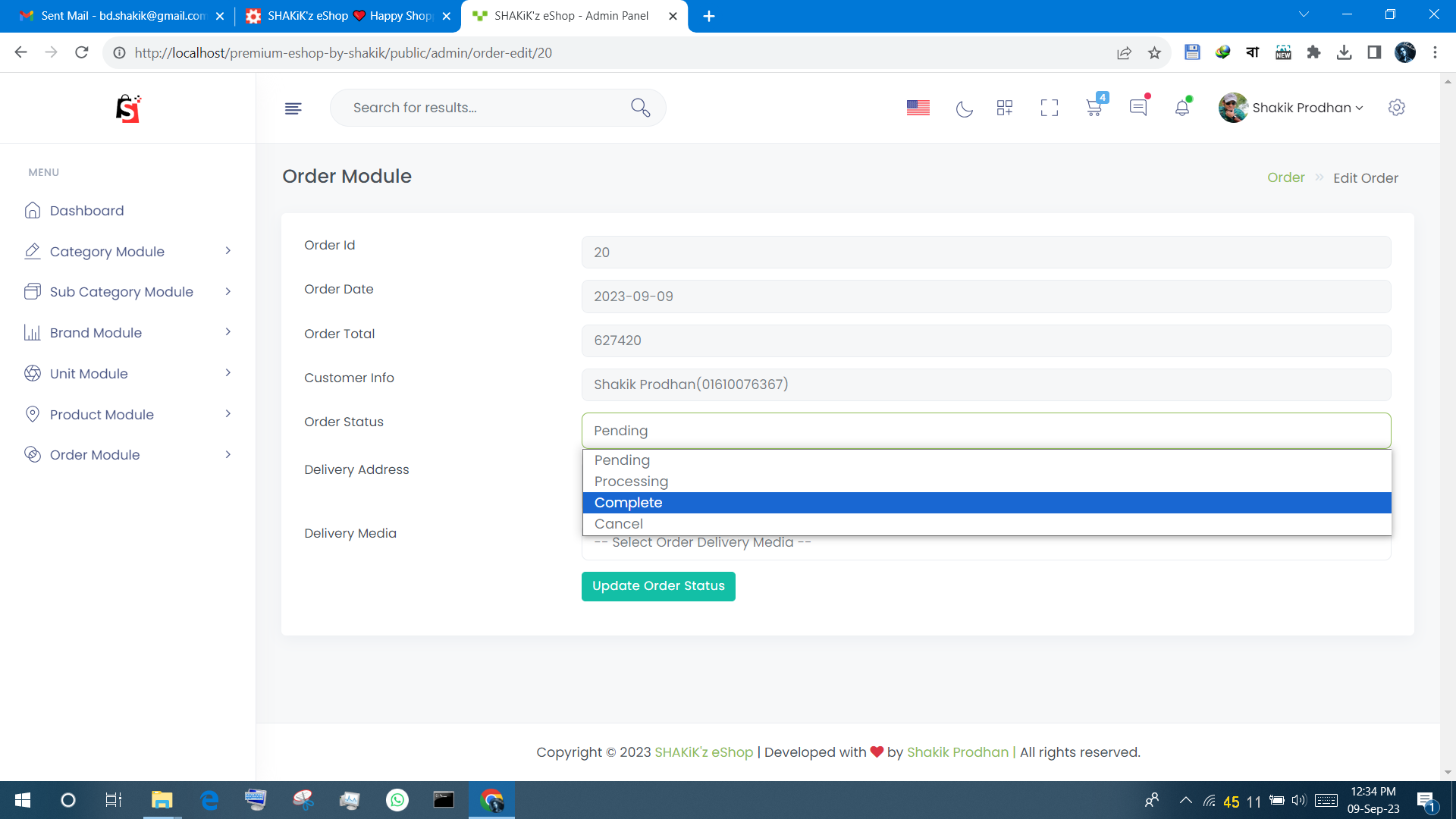 SHAKiK'z eShop - Screenshot - Admin Panel - Order Editing Page
