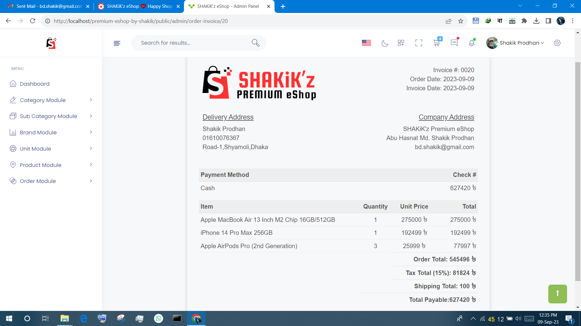 SHAKiK'z eShop - Screenshot - Admin Panel - Order Invoice Page