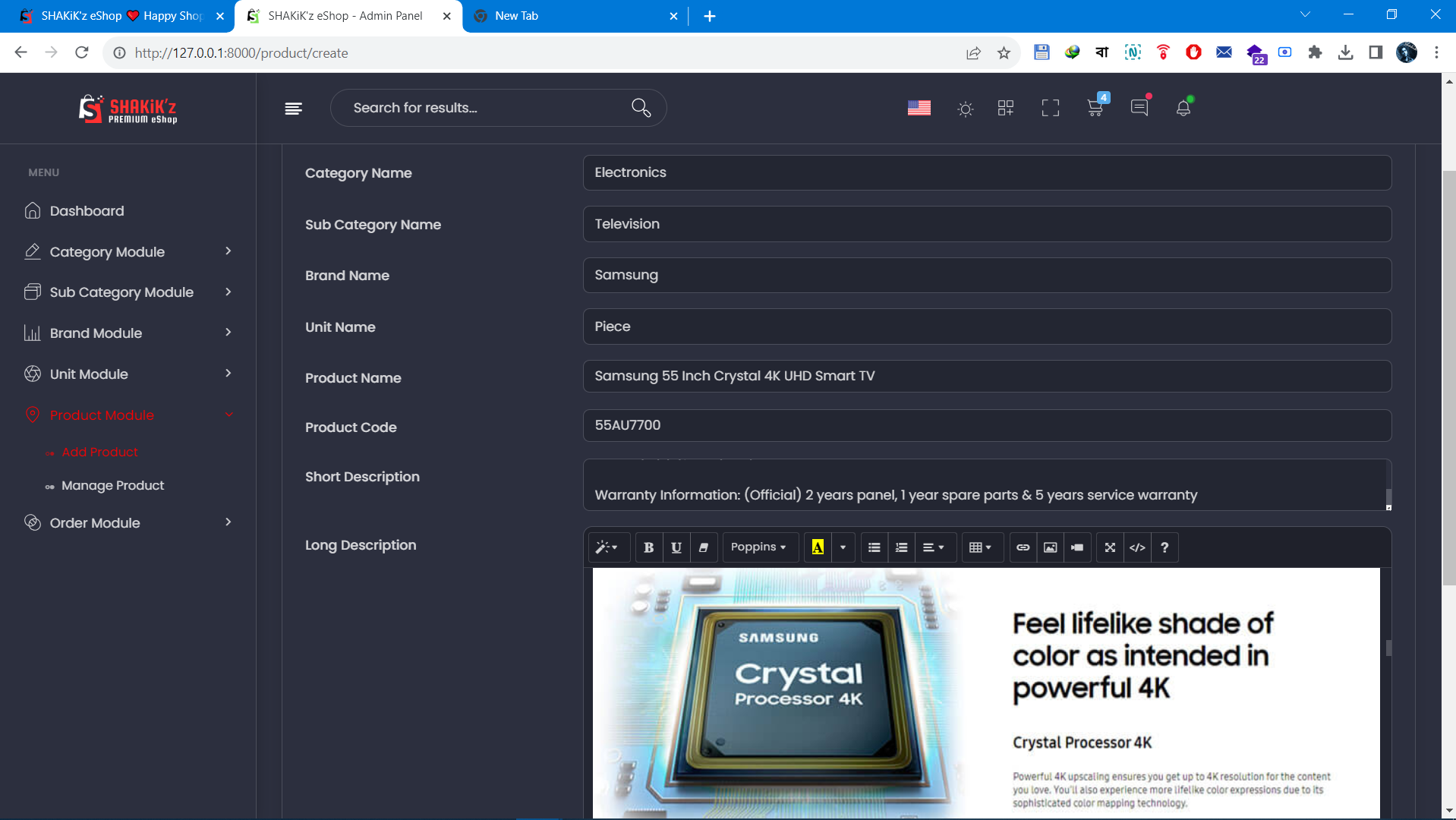 SHAKiK'z eShop - Screenshot - Admin Panel - Product Creation Page